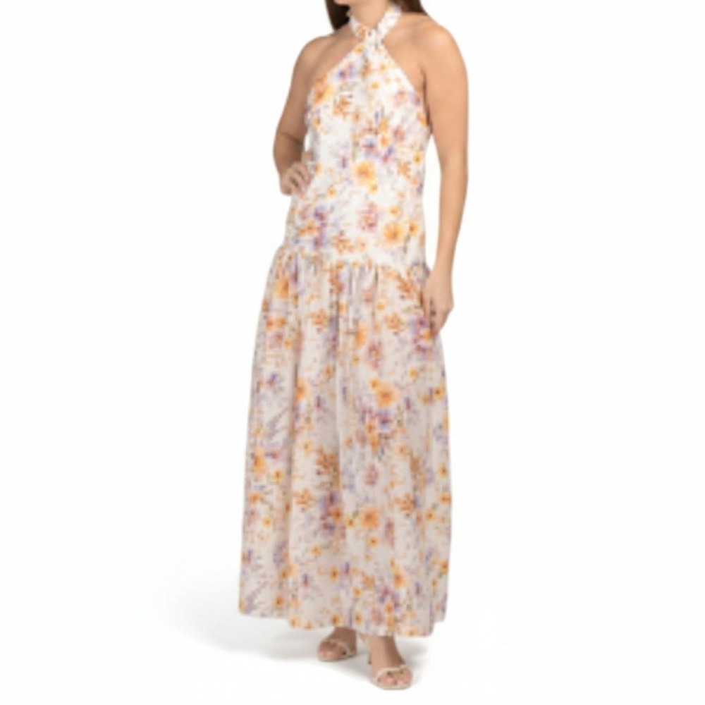 AQUA BLU Maxi Drop Waist Lilas Dress White Floral Halter Cotton Silk Backless